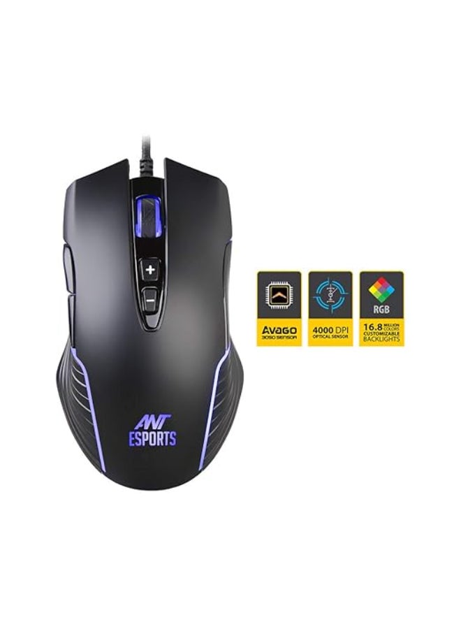 ANT Esports Renewed - GM500 RGB Wired Gaming Mouse | 6 DPI Sensitivity Level adjustments | Equipped with HUANO Mouse switches - Black - Image 2